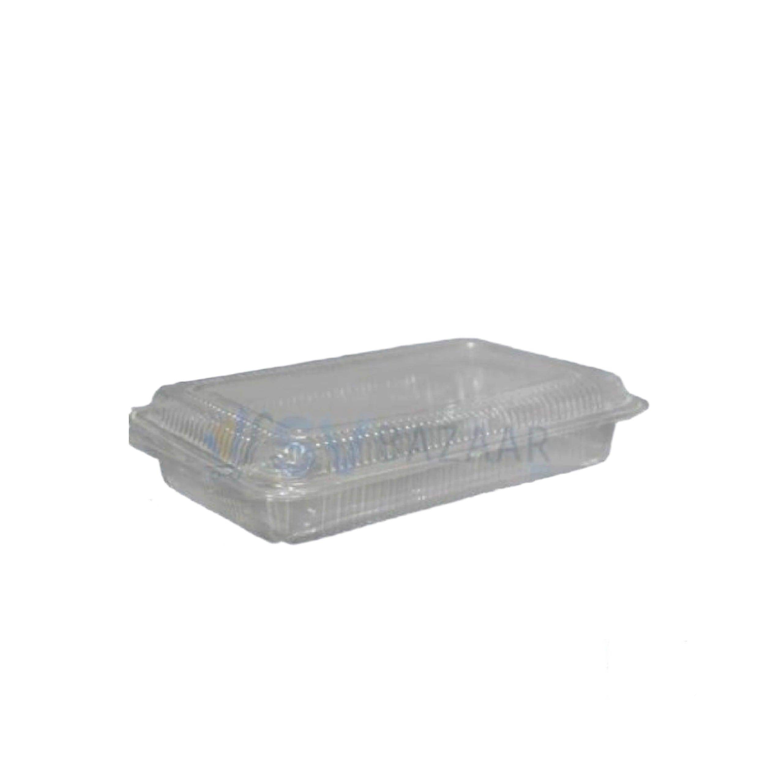 Clear rectangular plastic food container with hinged lid on white background