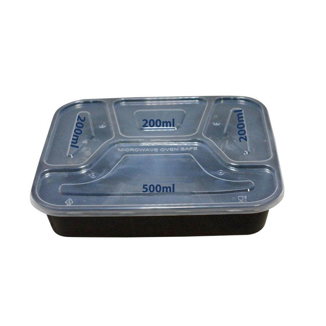 Black 4-compartment microwave-safe meal prep container with clear lid labeled 200ml and 500ml