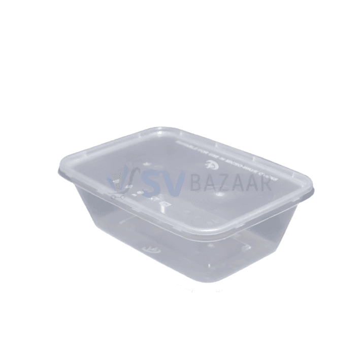 Clear rectangular plastic food storage container with lid