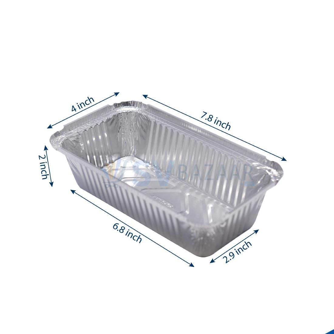 Rectangular aluminum food container with size dimensions labeled in inches on white background