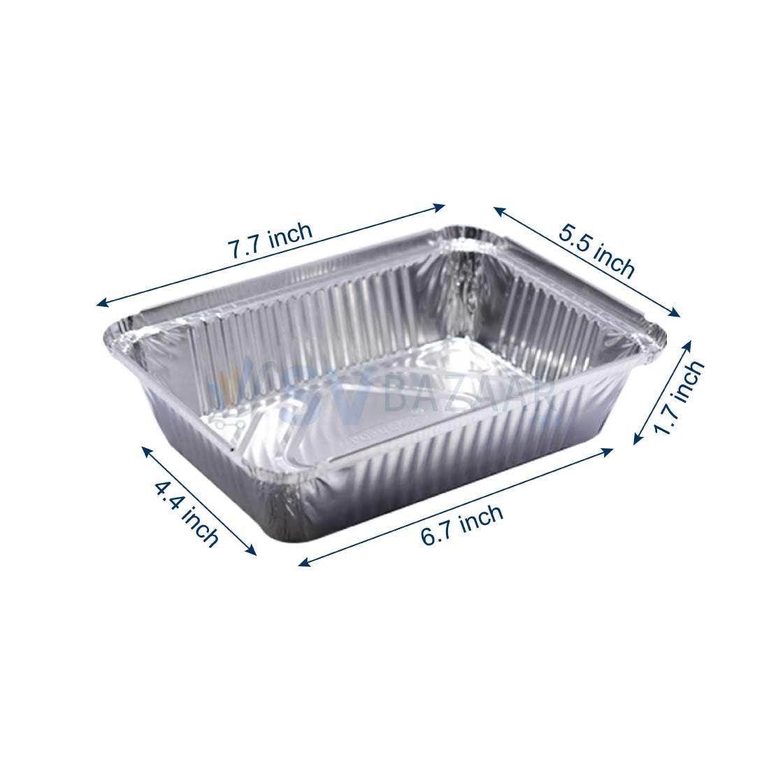 Rectangular aluminum foil container with dimensions 7.7x5.5x1.7 inches