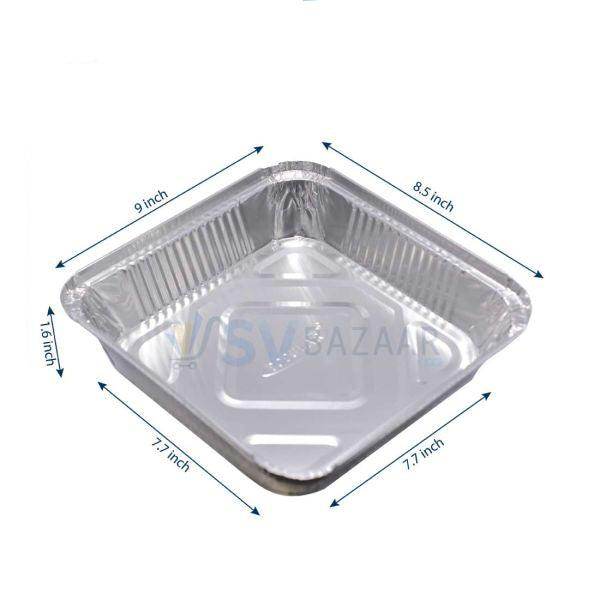 Rectangular aluminum foil container with dimensions labeled