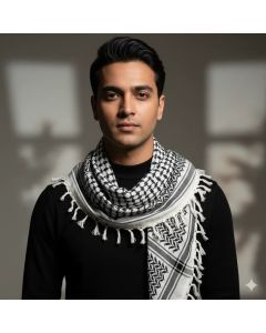 Palestinian Pattern Keffiyeh Roomal Scarf White & Black Embroidered (Unisex)