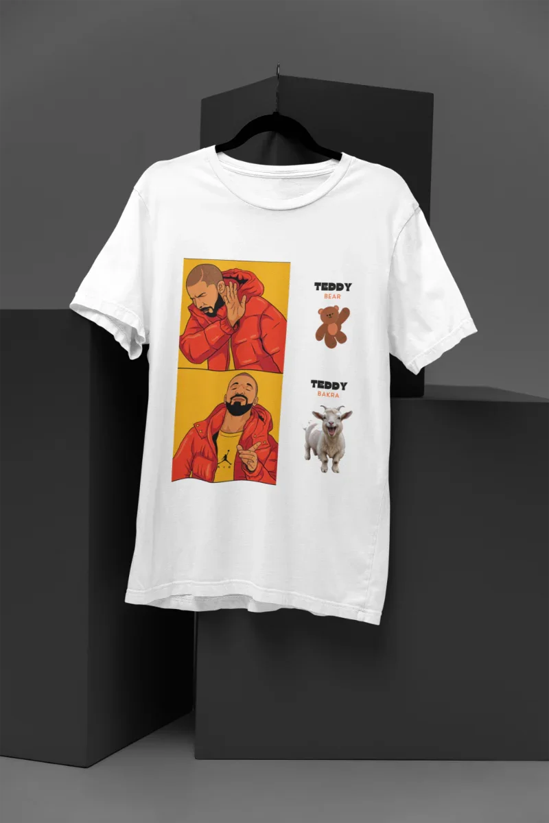 White T-shirt with Drake meme rejecting teddy bear and approving goat