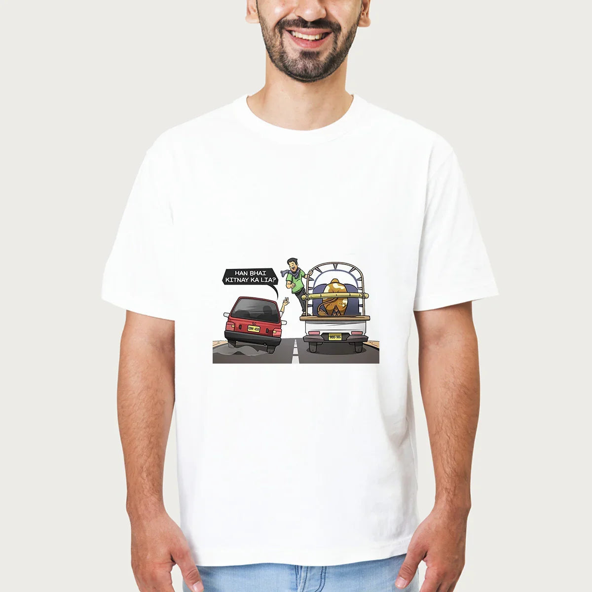 White t-shirt with a cartoon of two vehicles and a man asking