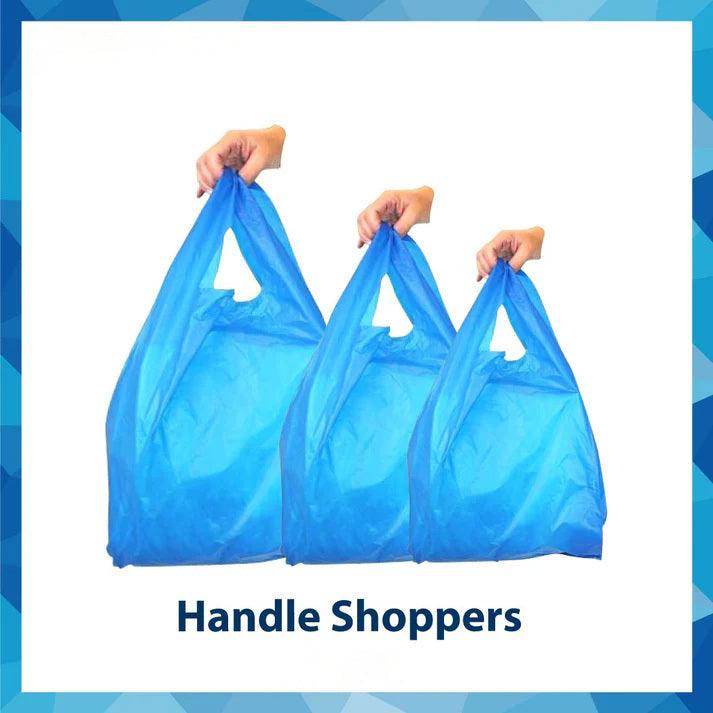 Three blue plastic handle shopping bags held by hands on white background with text Handle Shoppers