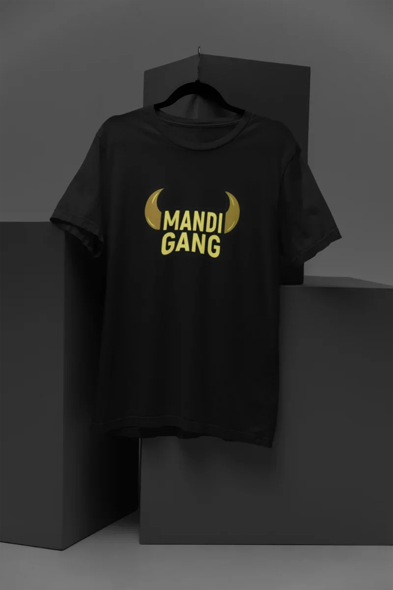 Black T-shirt with golden bull horn graphic and text 'MANDI GANG' displayed on black blocks
