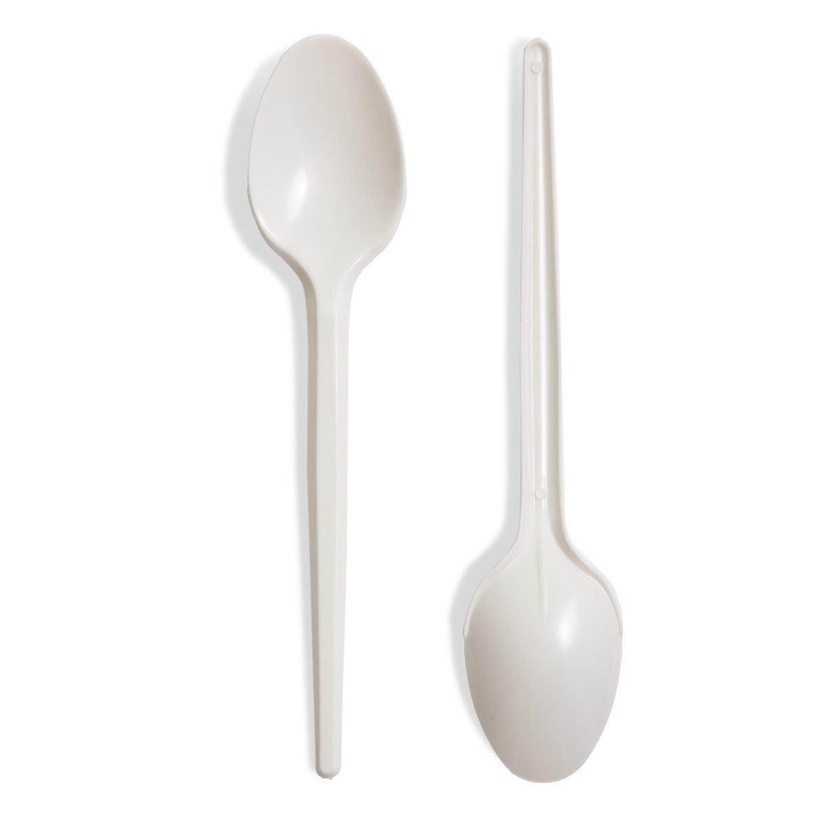 Two white disposable plastic spoons shown from front and back on a white background